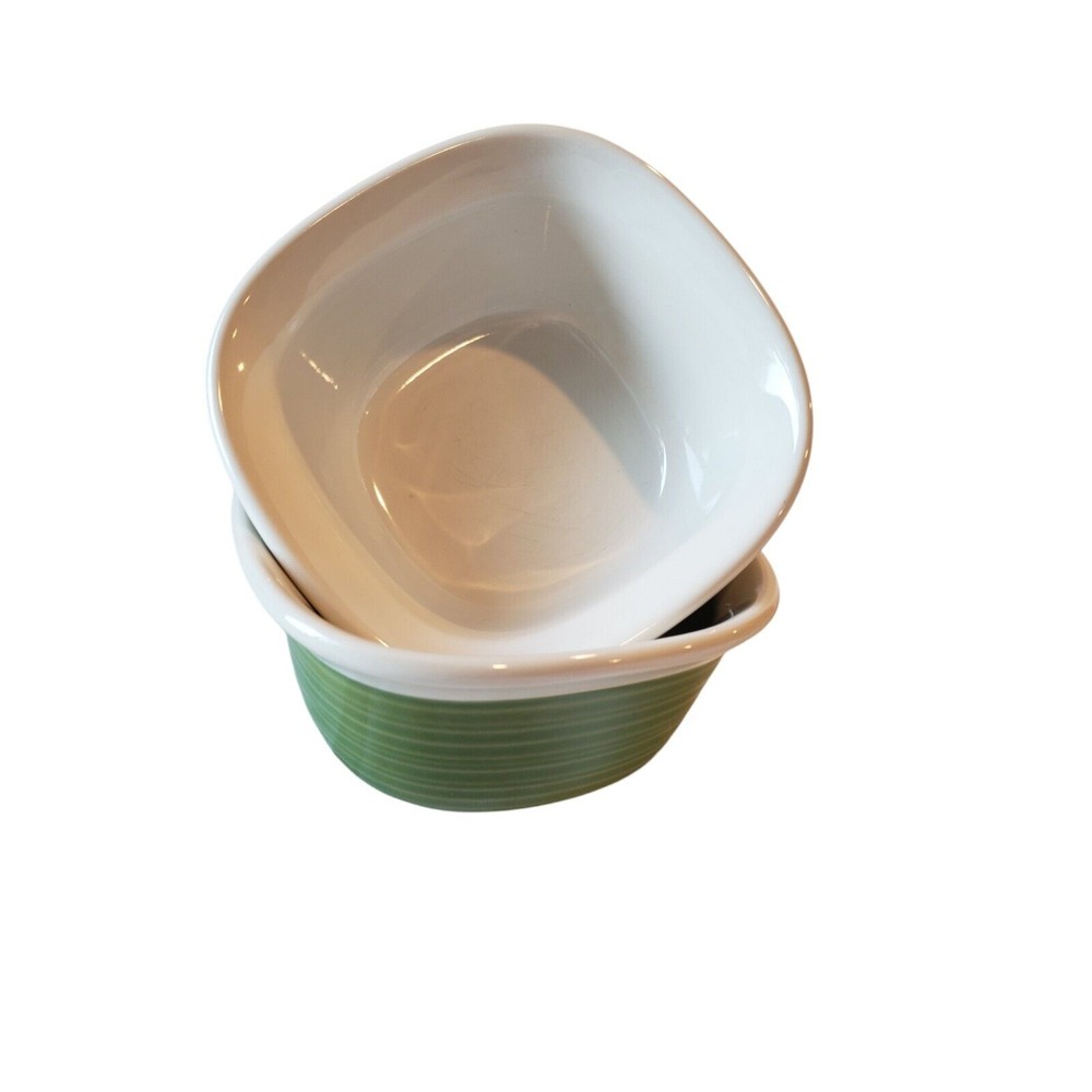 2‎ Corning Ware ETCH Green 7oz Baking Dishes Stoneware EUC